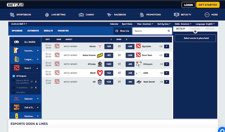 An image of the betting screen from BetUS, a popular online sportsbook for betting on Dota 2.